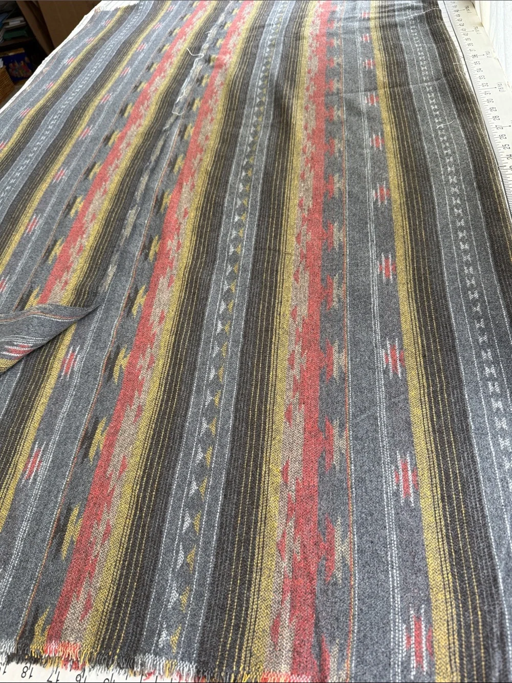 Vintage Wool Southwest Stripe Blanket Fabric 1⅝ Yards x 90” Charcoal Rust Gold